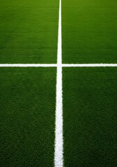 Obraz premium a green grass field with a thick white line running horizontally across the center. Thick horizontal white painted line is running across green grass turf in flat vector illustration, wallpaper,