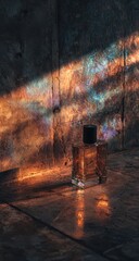 Amber perfume bottle sits on textured surface, bathed in iridescent sunlight streaming through a weathered wall