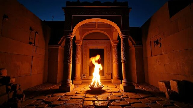 Witness the captivating glow of a Zoroastrian fire temple at night in this wide static shot, showcasing its ancient history and spiritual ambiance in stunning 4k detail.
