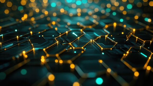 Abstract hexagonal circuit board. Golden & turquoise glowing nodes connect a dark teal grid