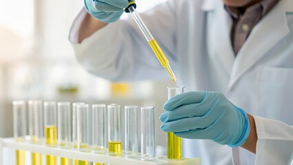 Defocused research environment showing hand conducting experiment with yellow solution	
