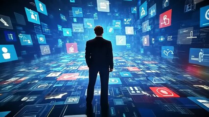 Businessman standing amidst digital icons and data visualizations in a futuristic technology landscape - Powered by Adobe