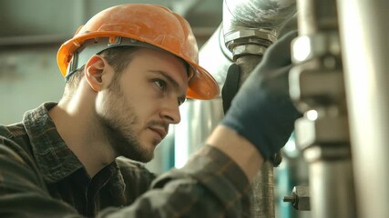 Skilled technician working on piping system in industrial environment while wearing safety gear