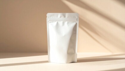 Blank white stand-up pouch mockup with zipper on beige background with window shadow