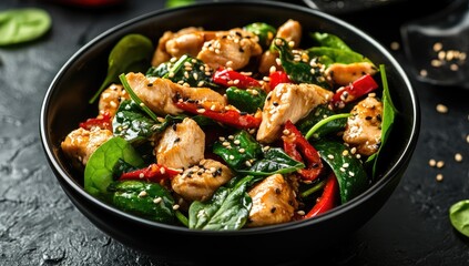Bowl of savory chicken and spinach stir-fry
