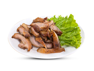 Crispy deep-fried pork belly slices served on a white plate with lettuce, paired with fish sauce...