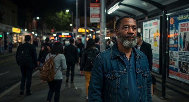 Thoughtful man stands at a nighttime bus stop, lost in contemplation amidst the city's blurred lights and bustling crowds.