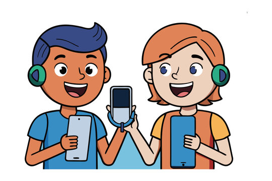Podcast Pair: Two cheerful companions share a vibrant moment, engrossed in their podcast recording, enhanced by stylish headphones and contemporary smartphones.