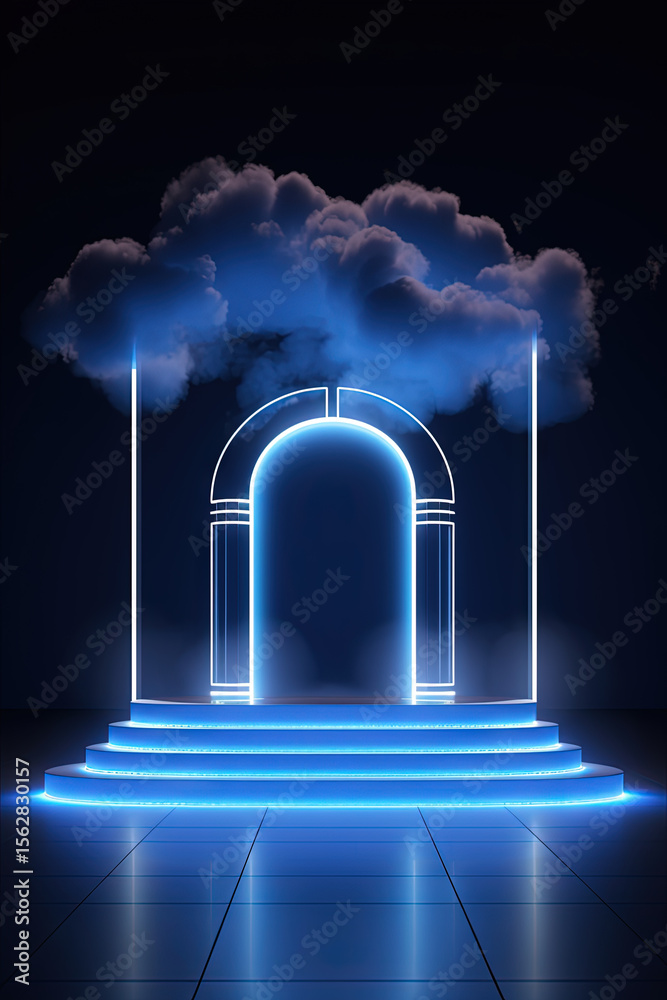 Poster neon arch in dark blue lights room with clouds. abstract background for party stage or product displ