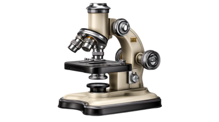 Vintage scientific microscope with dual eyepieces and intricate metal detailing against a stark black background