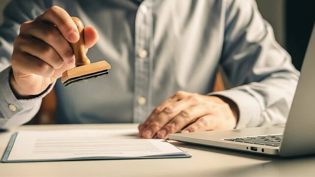 A person stamping a document with a wooden stamp near a laptop on a bright colored surface