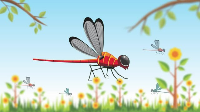Dragonfly animation flying around sunflowers in a bright outdoor scene.