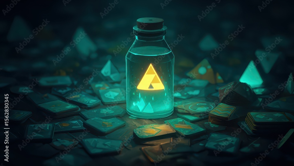 Poster Glowing yellow triangle inside a glass bottle rests on a surface scattered with teal geometric shapes, creating a mystical, dimly lit scene