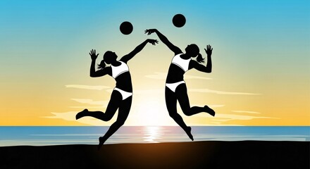beach volleyball players silhouetted against sunset sky