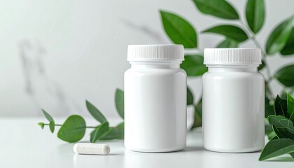 White Supplement Bottles with Green Leaves