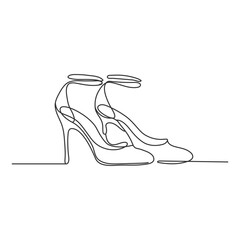 Elegant high heels shoes are drawn with one continuous line on a white background. Minimalist and fashionable illustration, Women Shoes Single Line Icon, Single line art illustration of lady flat shoe