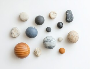 Assorted smooth stones arranged on a white surface