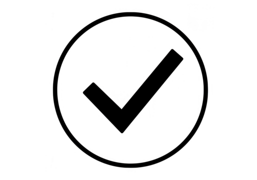 A simple white circle with a black check mark isolated on transparent background