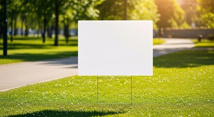 blank white sign on green lawn in sunny park

