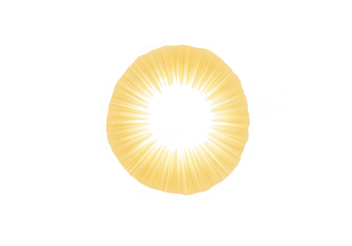 A yellow sunburst with radial rays of light shining brightly isolated on transparent background