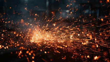 Fiery sparks erupt from a grinding metal surface, casting an intense orange and red glow against a dark background, with smoke and smaller embers floating in the air