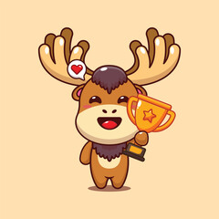 Cute moose holding gold trophy cup cartoon vector illustration