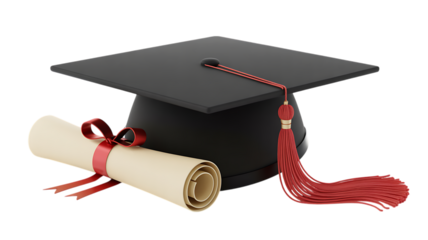Photo of a black graduation cap and a rolled diploma tied with a red ribbon, isolated on transparent background