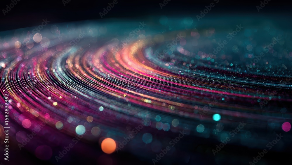 Poster Concentric glowing rings of vibrant color, punctuated by sparkling particles on a dark background, creating a swirling, cosmic effect