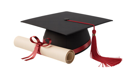 Photo of a black graduation cap and diploma scroll with a red ribbon are isolated on transparent background
