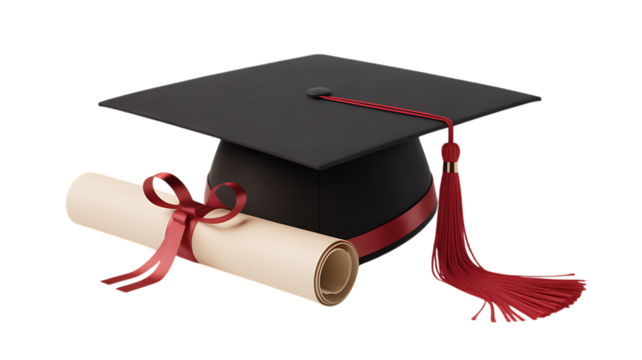 Photo of a black graduation cap and diploma scroll with a red ribbon are isolated on transparent background