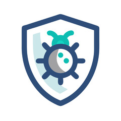 Cybersecurity shield with virus icon in modern flat design