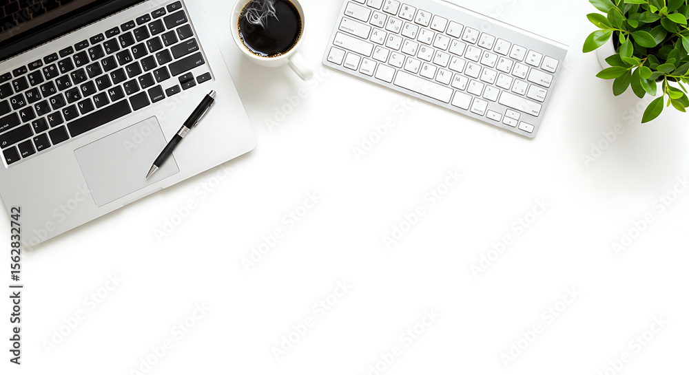 Fototapete flat lay top view of modern office workspace with computer keyboard, coffee cup, pen, and green leav