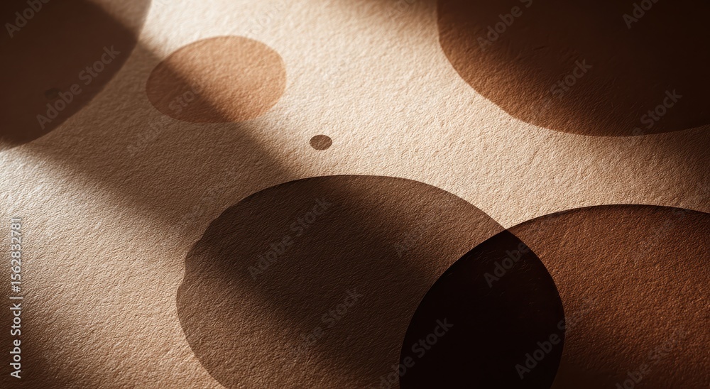 Poster Textured beige background with varying sizes of brown circles, dramatically lit by a diagonal spotlight