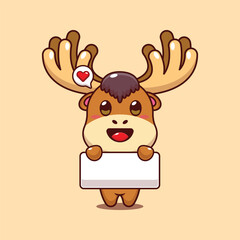 Cute moose holding greeting banner cartoon vector illustration