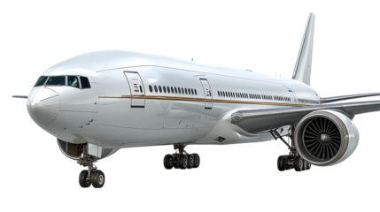 Sleek white private jet with gold accents and powerful engines against a stark black background