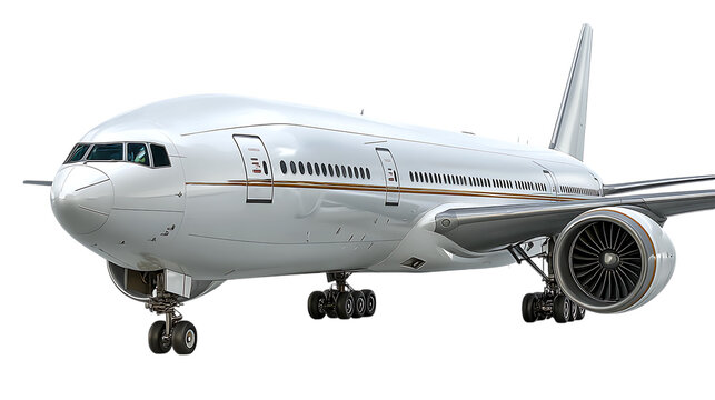 Sleek white private jet with gold accents and powerful engines against a stark black background