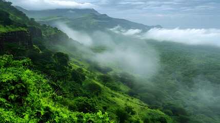 Obraz premium Lush green mountains covered in mist and clouds creating a serene and scenic landscape view
