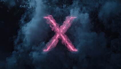 Pink neon X letter in smoky dark background