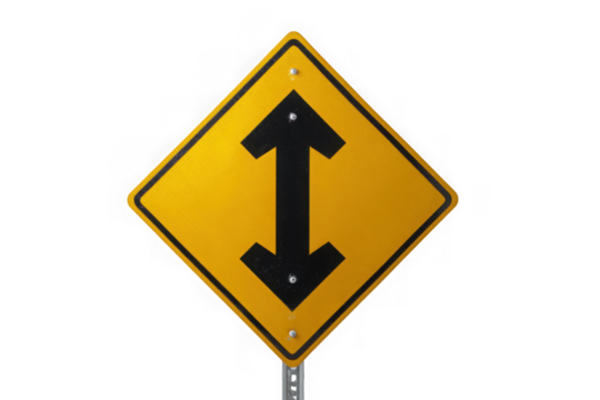 Yellow diamond shaped warning sign with black arrows pointing up and down isolated on transparent background - Powered by Adobe