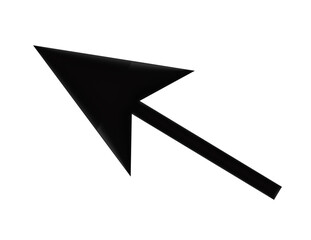 Glossy black computer cursor arrow pointing diagonally upwards on a white background