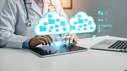 Doctor using tablet with cloud data and laptop on desk in a medical office setting for healthcare - Powered by Adobe