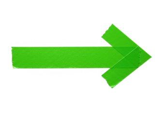 A bright green arrow made of tape pointing to the right isolated on transparent background