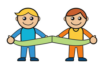 Two Boys Holding Ribbon: Two cheerful cartoon boys joyfully hold a light green ribbon, symbolizing teamwork, partnership, or a celebratory occasion.