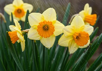 Fototapeta premium Close-up of Daffodils in the Rain Vibrant Yellow and Orange Blooms