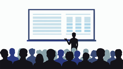Silhouette of a presenter giving a presentation to an audience in front of a screen with charts and text