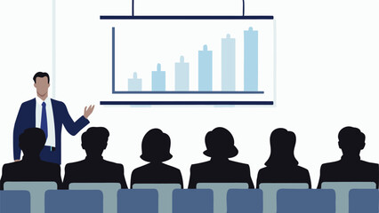 Obraz premium Man presenting growth chart to audience in a meeting with business presentation and bar graph shown