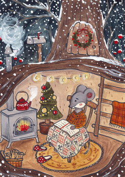 Illustration of a mouse reading