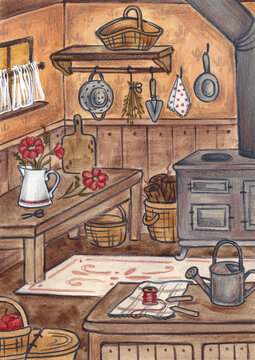 Illustration of a wooden kitchen