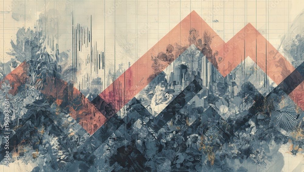 Aufkleber Abstract collage of textured cityscapes and geometric shapes in muted tones, layered with a faded graph-like overlay