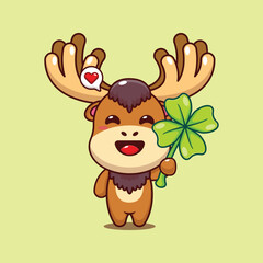 Cute moose with clover leaf cartoon vector illustration